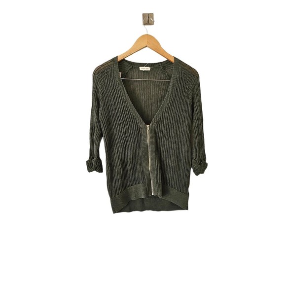 UO Silence + Noise Open Knit Cardigan Sweater Large Green Zip Front - Picture 2 of 4